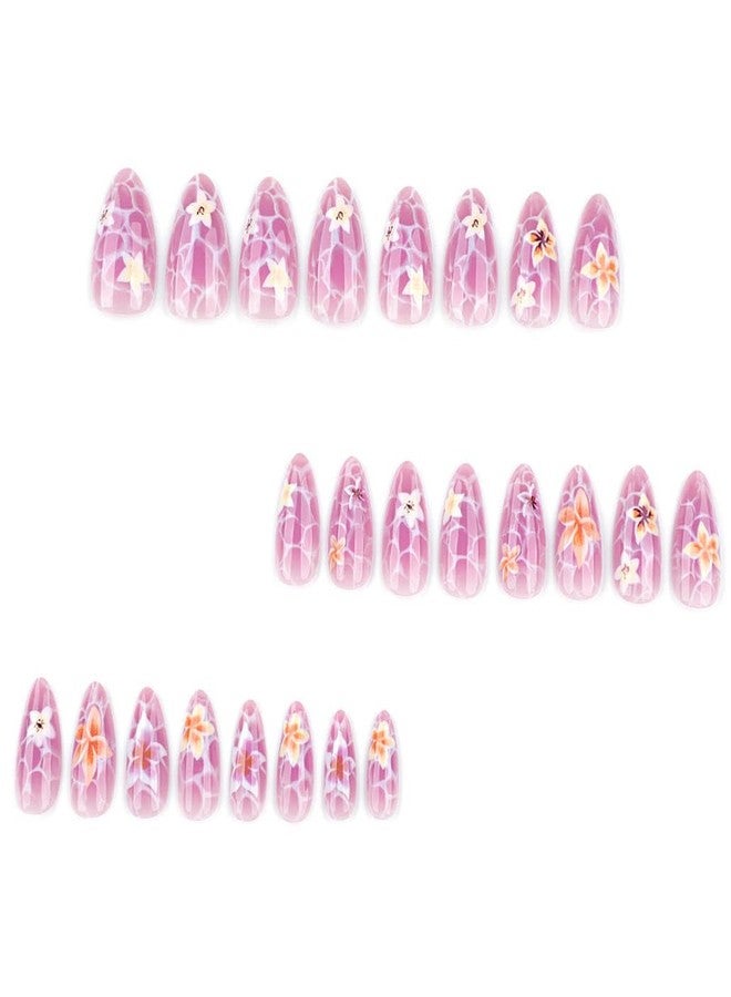 Foccna Press on Nails Almond Medium Pearl White Fake Nails French Glossy 3D Flower False Nail Tips Artificial Nails Finger Manicure for Women 24 pcs - Image 2